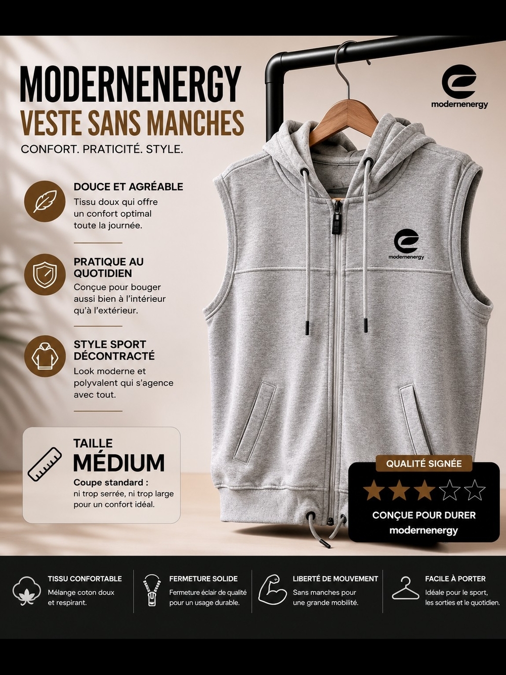 Simons Sleeveless Hooded Vest - Light Gray